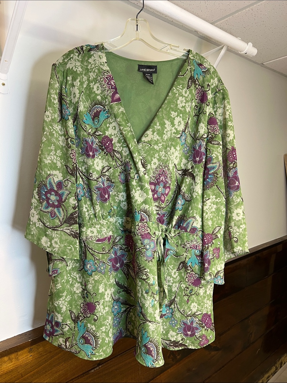 Lane Bryant Green Floral Wrap Top with Purple‎ & Teal Accents- 26/28
